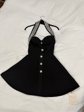 Strapless Black Mini Dress with Crystal Halter